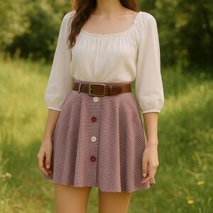 Vintage 90s EnChante Plaid Skater Skirt Jrs 7 Button Front Red White Gingham USA